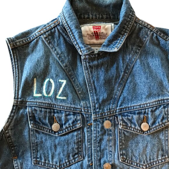 Upcycled Denim Vest, Size Medium: Painted Lake of the Ozarks Sleeveless Jacket - Picture 4 of 11